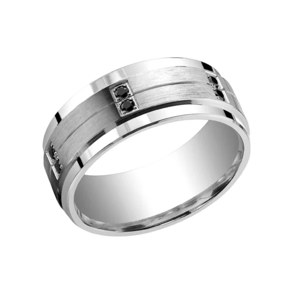 Verighetă masculină, mată, cu margini lucioase, 6,5 mm, din aur alb, cu 12 diamante negre