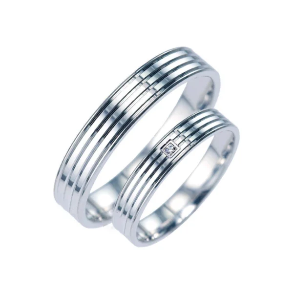 Verighete cu striații, aur alb, 14k, cu un diamant