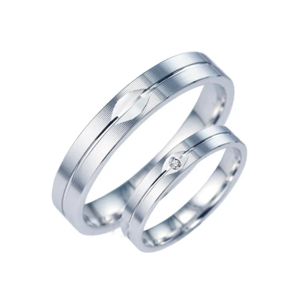 Verighete cu striații, din aur alb, 14k, cu un diamant