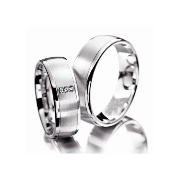 Verighete mate, cu margini lucioase, din aur alb, 6 mm, cu trei diamante