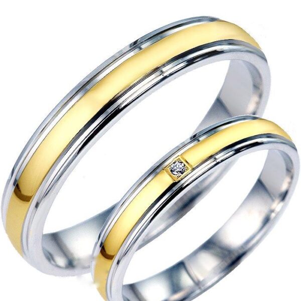 Verighete din aur galben si alb, lucios, 14k, cu un diamant