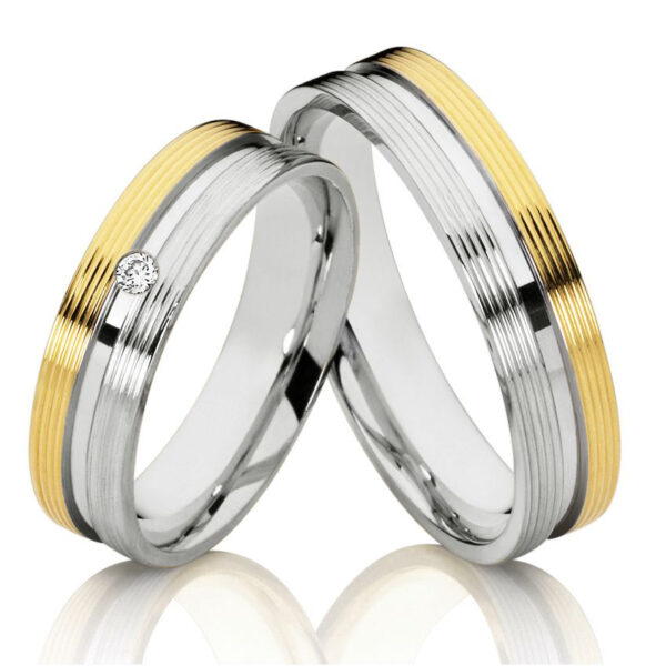 Verighete bicolore, cu striații, 6 mm, din aur alb și galben, cu un diamant