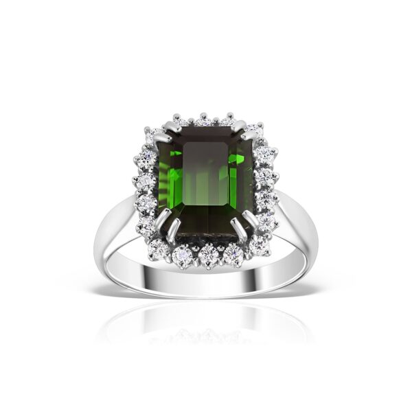 Inel Aurora Verde, aur alb, 18K, cu turmalină verde și 0,36 ct diamante